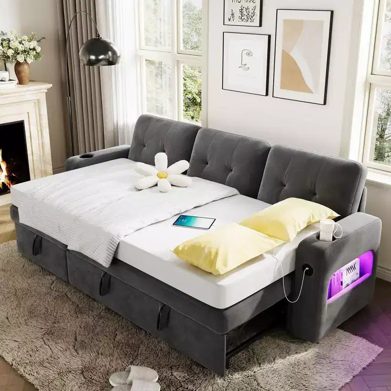 84 Velvet L-Shaped Sleeper Sofa Bed - Convertible Pull Out Sectional Couch with Storage, Charging Station & LED Lights for Living Room