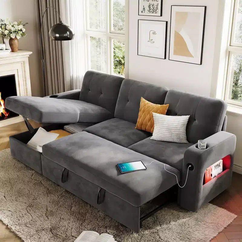 84 Velvet L-Shaped Sleeper Sofa Bed - Convertible Pull Out Sectional Couch with Storage, Charging Station & LED Lights for Living Room