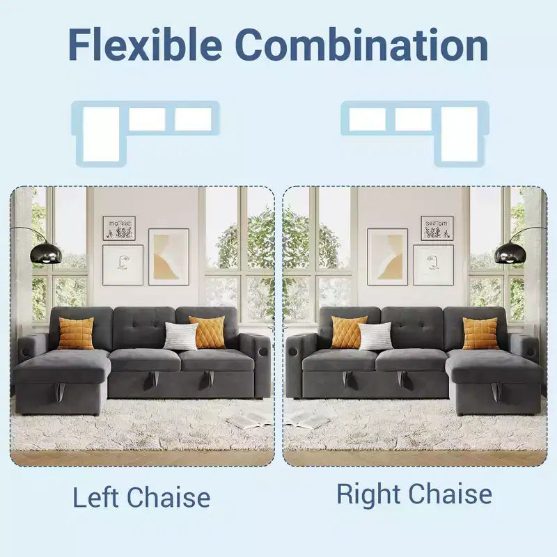 84 Velvet L-Shaped Sleeper Sofa Bed - Convertible Pull Out Sectional Couch with Storage, Charging Station & LED Lights for Living Room