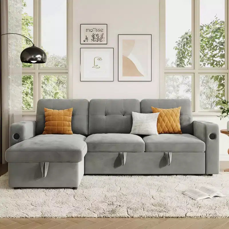 84 Velvet L-Shaped Sleeper Sofa Bed - Convertible Pull Out Sectional Couch with Storage, Charging Station & LED Lights for Living Room