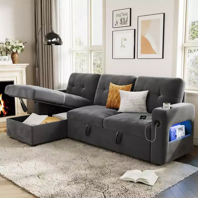 84 Velvet L-Shaped Sleeper Sofa Bed - Convertible Pull Out Sectional Couch with Storage, Charging Station & LED Lights for Living Room