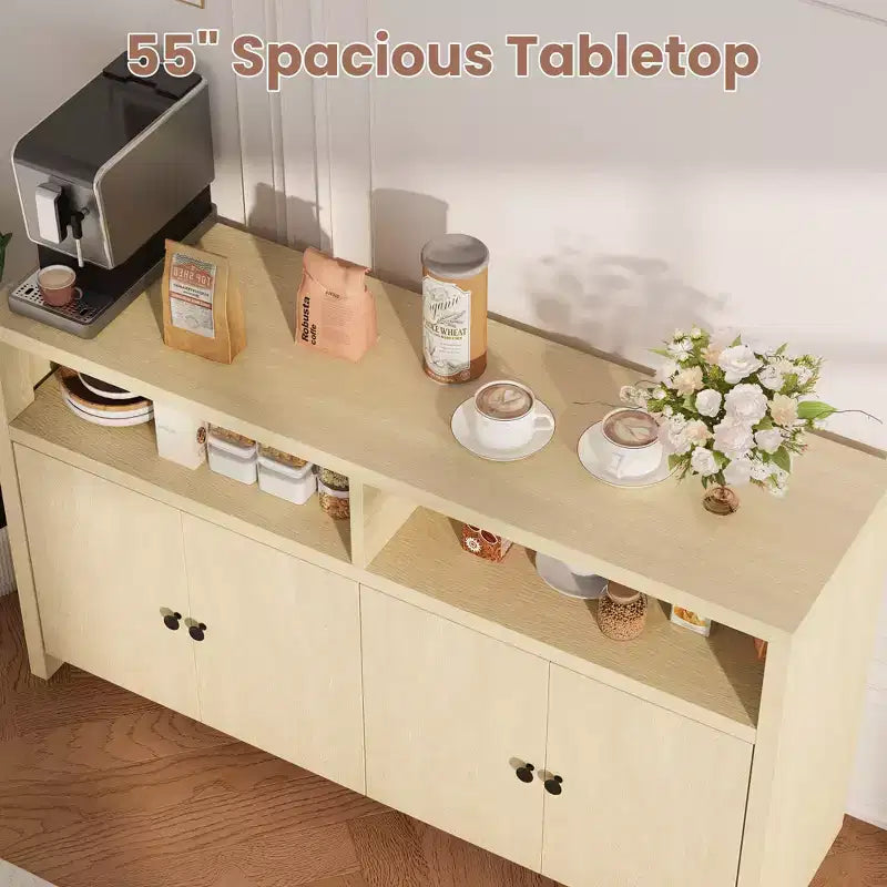 Aparador tipo alacena de 55 pulgadas - Mueble de madera de 4 puertas para barra de café con estantes ajustables para almacenamiento en la cocina, el comedor y la sala de estar