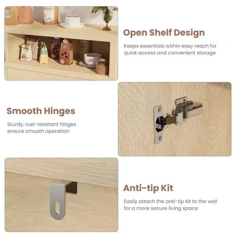 Aparador tipo alacena de 55 pulgadas - Mueble de madera de 4 puertas para barra de café con estantes ajustables para almacenamiento en la cocina, el comedor y la sala de estar