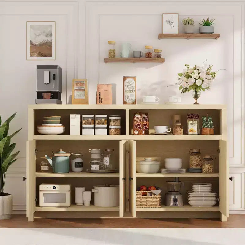 Aparador tipo alacena de 55 pulgadas - Mueble de madera de 4 puertas para barra de café con estantes ajustables para almacenamiento en la cocina, el comedor y la sala de estar
