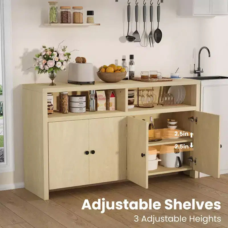 Aparador tipo alacena de 55 pulgadas - Mueble de madera de 4 puertas para barra de café con estantes ajustables para almacenamiento en la cocina, el comedor y la sala de estar