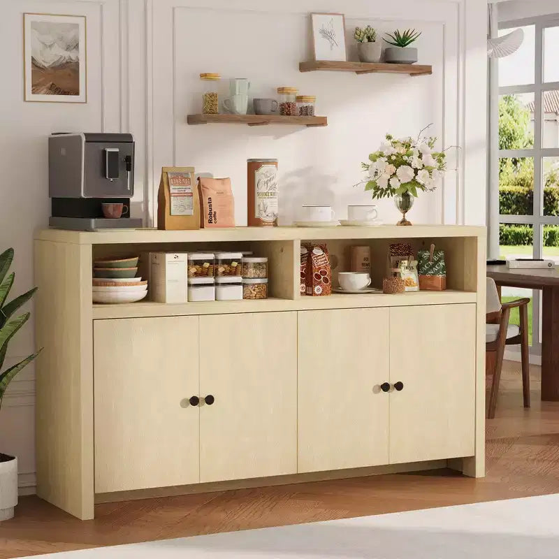 Aparador tipo alacena de 55 pulgadas - Mueble de madera de 4 puertas para barra de café con estantes ajustables para almacenamiento en la cocina, el comedor y la sala de estar
