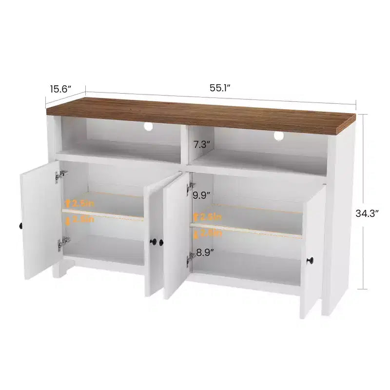 Aparador tipo alacena de 55 pulgadas - Mueble de madera de 4 puertas para barra de café con estantes ajustables para almacenamiento en la cocina, el comedor y la sala de estar