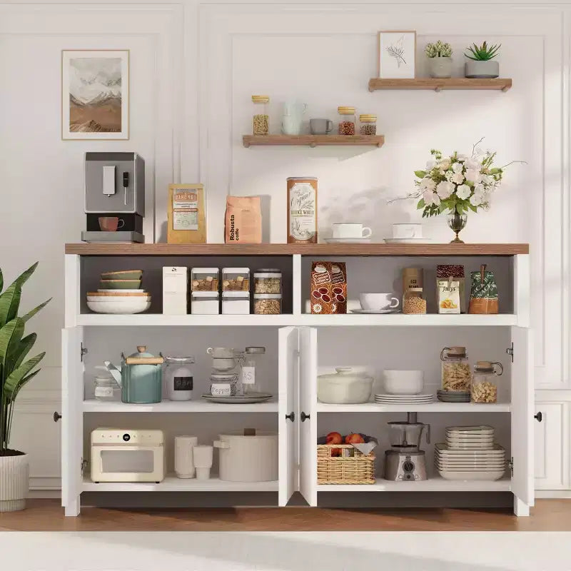 Aparador tipo alacena de 55 pulgadas - Mueble de madera de 4 puertas para barra de café con estantes ajustables para almacenamiento en la cocina, el comedor y la sala de estar