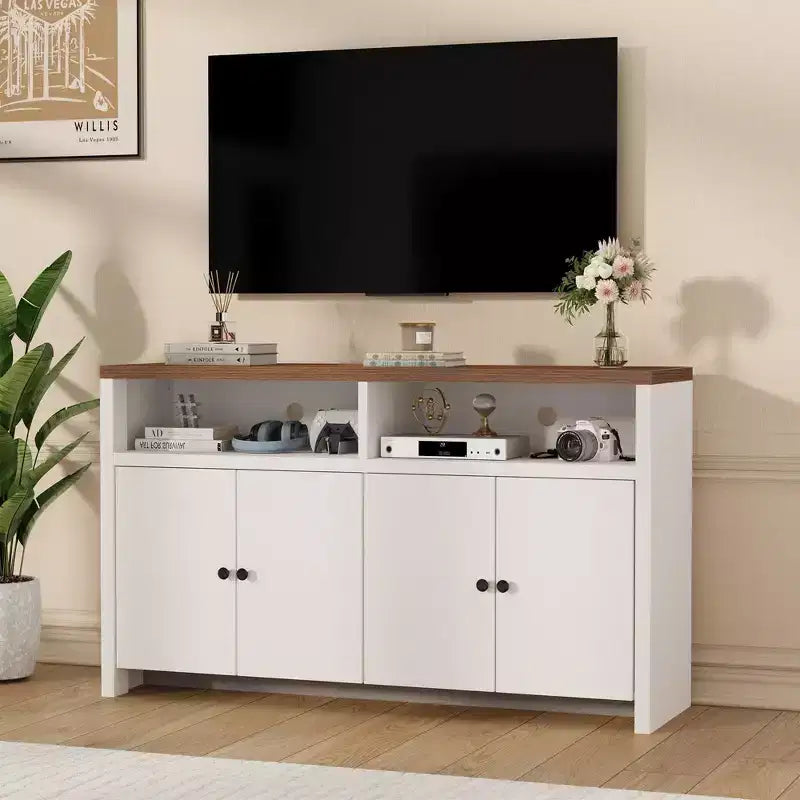 Aparador tipo alacena de 55 pulgadas - Mueble de madera de 4 puertas para barra de café con estantes ajustables para almacenamiento en la cocina, el comedor y la sala de estar