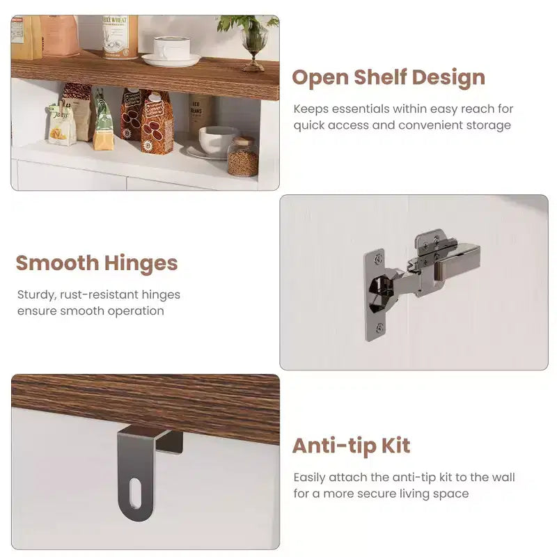 Aparador tipo alacena de 55 pulgadas - Mueble de madera de 4 puertas para barra de café con estantes ajustables para almacenamiento en la cocina, el comedor y la sala de estar