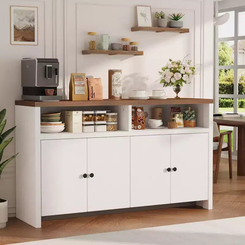 Aparador tipo alacena de 55 pulgadas - Mueble de madera de 4 puertas para barra de café con estantes ajustables para almacenamiento en la cocina, el comedor y la sala de estar