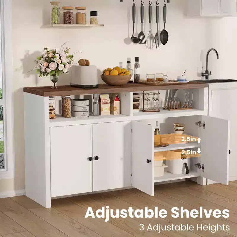 Aparador tipo alacena de 55 pulgadas - Mueble de madera de 4 puertas para barra de café con estantes ajustables para almacenamiento en la cocina, el comedor y la sala de estar