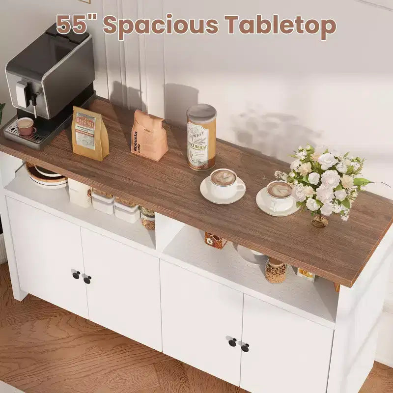 Aparador tipo alacena de 55 pulgadas - Mueble de madera de 4 puertas para barra de café con estantes ajustables para almacenamiento en la cocina, el comedor y la sala de estar