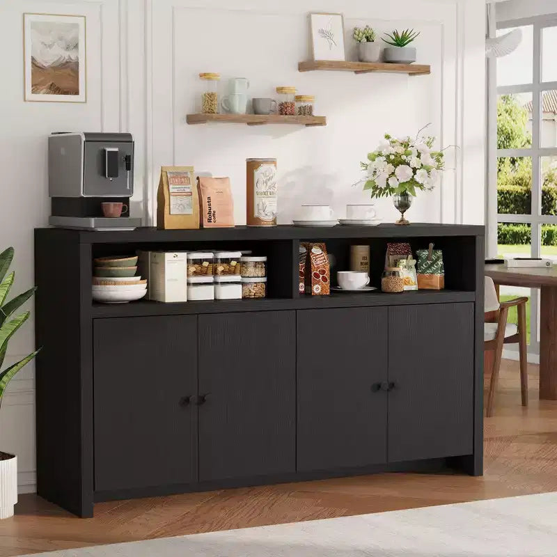 Aparador tipo alacena de 55 pulgadas - Mueble de madera de 4 puertas para barra de café con estantes ajustables para almacenamiento en la cocina, el comedor y la sala de estar