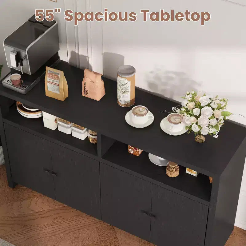 Aparador tipo alacena de 55 pulgadas - Mueble de madera de 4 puertas para barra de café con estantes ajustables para almacenamiento en la cocina, el comedor y la sala de estar