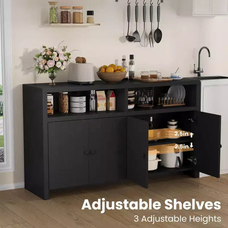 Aparador tipo alacena de 55 pulgadas - Mueble de madera de 4 puertas para barra de café con estantes ajustables para almacenamiento en la cocina, el comedor y la sala de estar