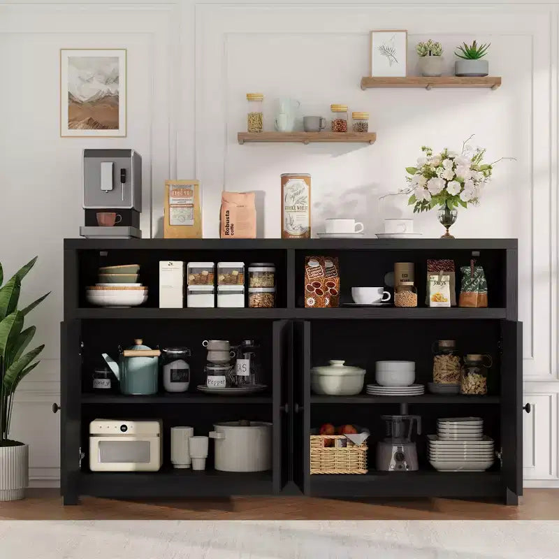 Aparador tipo alacena de 55 pulgadas - Mueble de madera de 4 puertas para barra de café con estantes ajustables para almacenamiento en la cocina, el comedor y la sala de estar