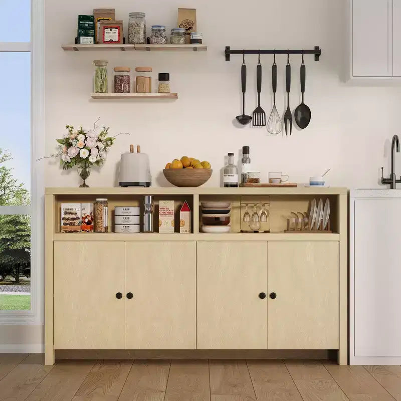 Aparador tipo alacena de 55 pulgadas - Mueble de madera de 4 puertas para barra de café con estantes ajustables para almacenamiento en la cocina, el comedor y la sala de estar