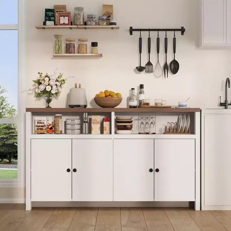 Aparador tipo alacena de 55 pulgadas - Mueble de madera de 4 puertas para barra de café con estantes ajustables para almacenamiento en la cocina, el comedor y la sala de estar
