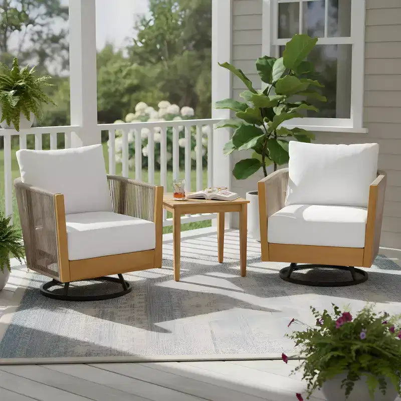 Christopher Knight Home Minh Modern 3 Piece Acacia Patio Swivel Chairs with Rope Design and Slatted Table Set
