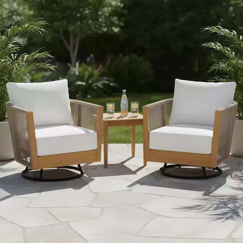 Christopher Knight Home Minh Juego de 3 piezas de sillas giratorias de patio de acacia modernas con diseño de cuerda y mesa de listones