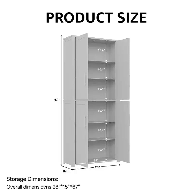Gabinete de almacenamiento de grano de madera blanca independiente de 4 puertas de 67"x28"x15" para sala de estar