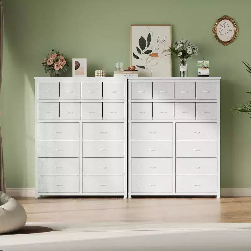 Cómoda alta para dormitorio, cómodas y cajoneras de 16 cajones, mueble de tela para dormitorio, sala de estar, blanco