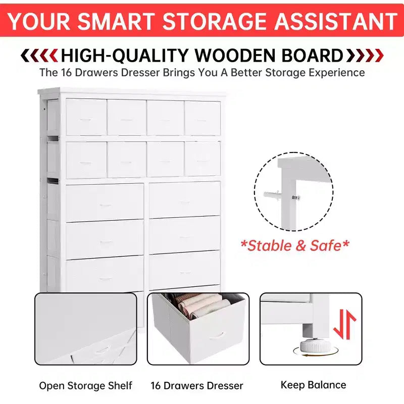 Cómoda alta para dormitorio, cómodas y cajoneras de 16 cajones, mueble de tela para dormitorio, sala de estar, blanco