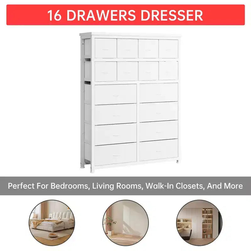 Cómoda alta para dormitorio, cómodas y cajoneras de 16 cajones, mueble de tela para dormitorio, sala de estar, blanco
