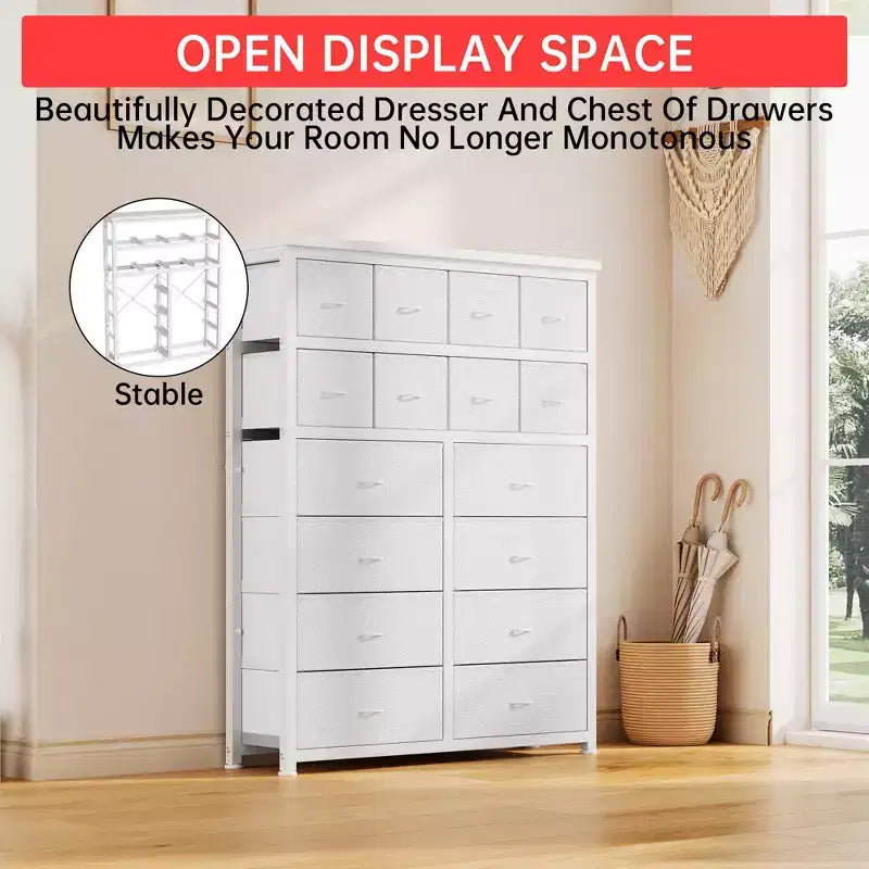 Cómoda alta para dormitorio, cómodas y cajoneras de 16 cajones, mueble de tela para dormitorio, sala de estar, blanco