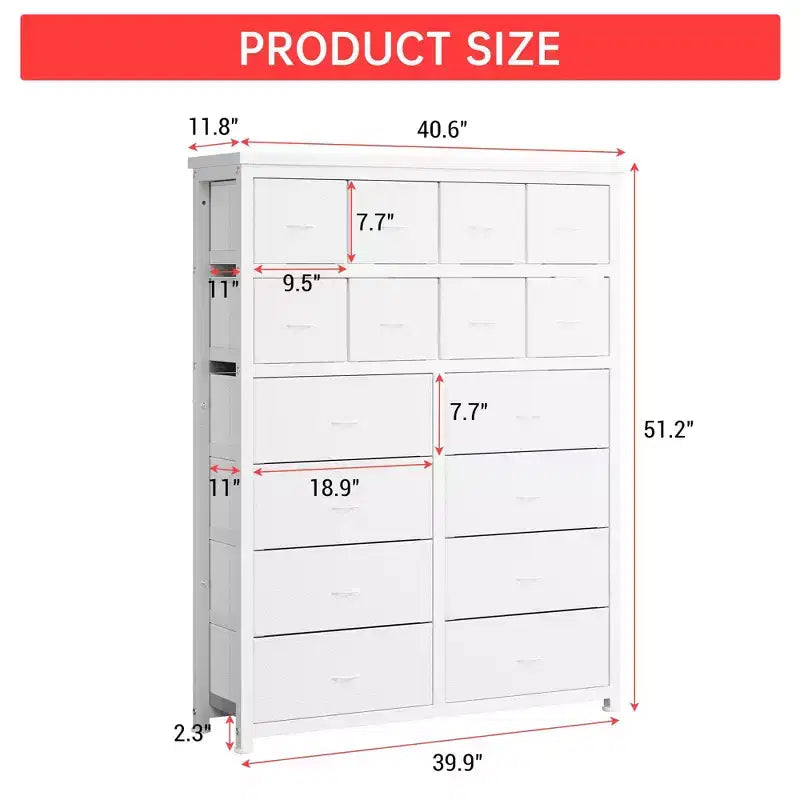 Cómoda alta para dormitorio, cómodas y cajoneras de 16 cajones, mueble de tela para dormitorio, sala de estar, blanco