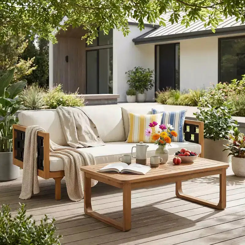 Christopher Knight Home Marsh Patio Modern Acacia Wood 2-Piece Seating Set with Rope 3-Seater Sofa and Coffee Table