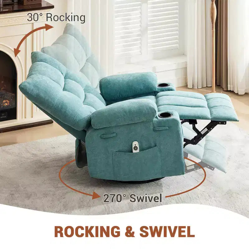 Swivel Rocker Recliner Chair with Heat & Massage - 360 Rocking Lazy Boy Recliner with Cup Holders & Side Pocket - Ergonomic Single Sofa, Blue