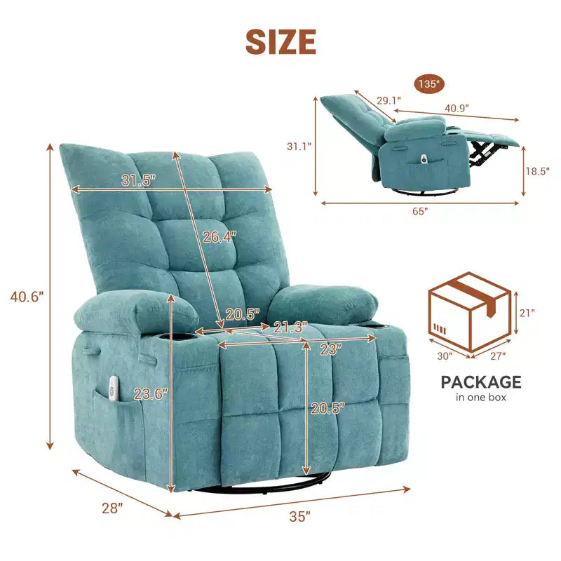 Swivel Rocker Recliner Chair with Heat & Massage - 360 Rocking Lazy Boy Recliner with Cup Holders & Side Pocket - Ergonomic Single Sofa, Blue