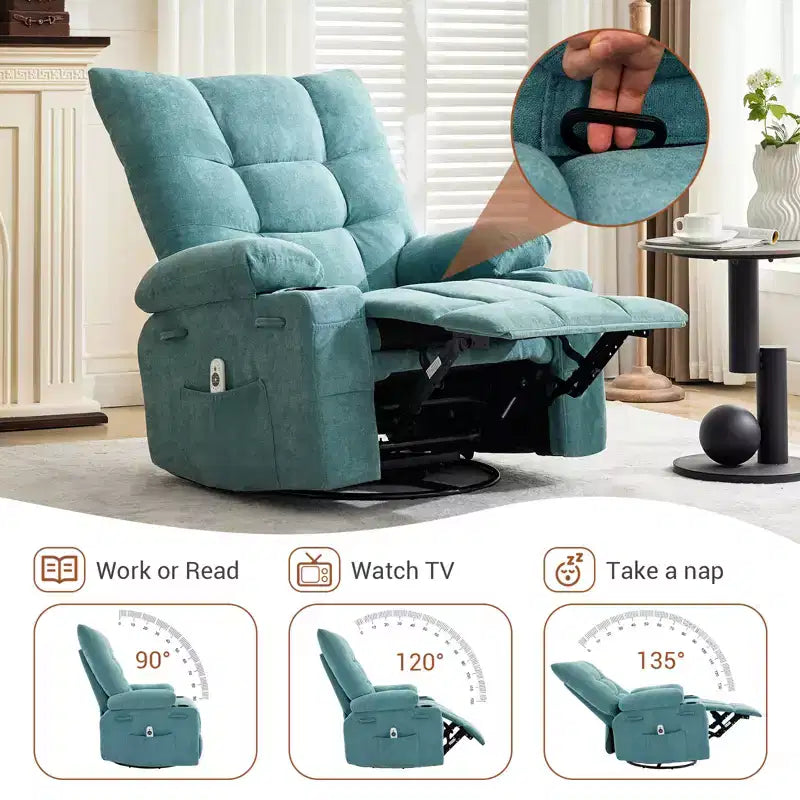Swivel Rocker Recliner Chair with Heat & Massage - 360 Rocking Lazy Boy Recliner with Cup Holders & Side Pocket - Ergonomic Single Sofa, Blue