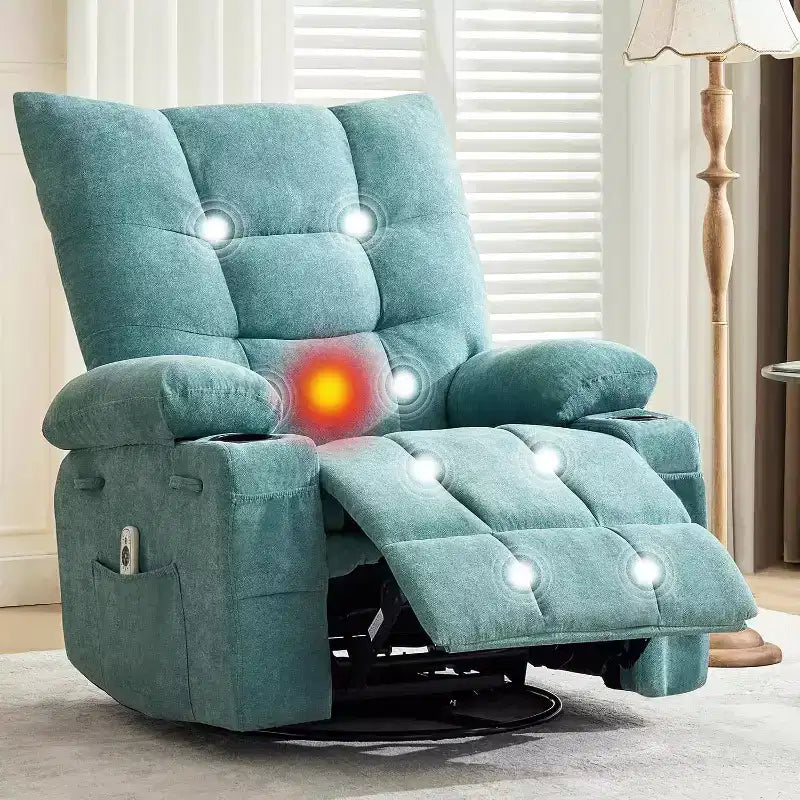 Swivel Rocker Recliner Chair with Heat & Massage - 360 Rocking Lazy Boy Recliner with Cup Holders & Side Pocket - Ergonomic Single Sofa, Blue