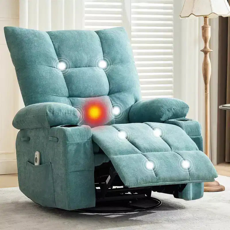 Swivel Rocker Recliner Chair with Heat & Massage - 360 Rocking Lazy Boy Recliner with Cup Holders & Side Pocket - Ergonomic Single Sofa, Blue