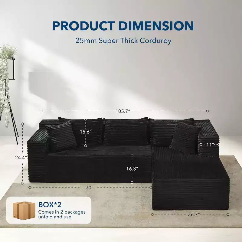 DobleePy 106 Reversible Sectional Sofa, L-Shaped Cloud Couch with Oversized Chaise, 3-Seat Memory Foam Sofa, No Tools Assembly, Right Facing