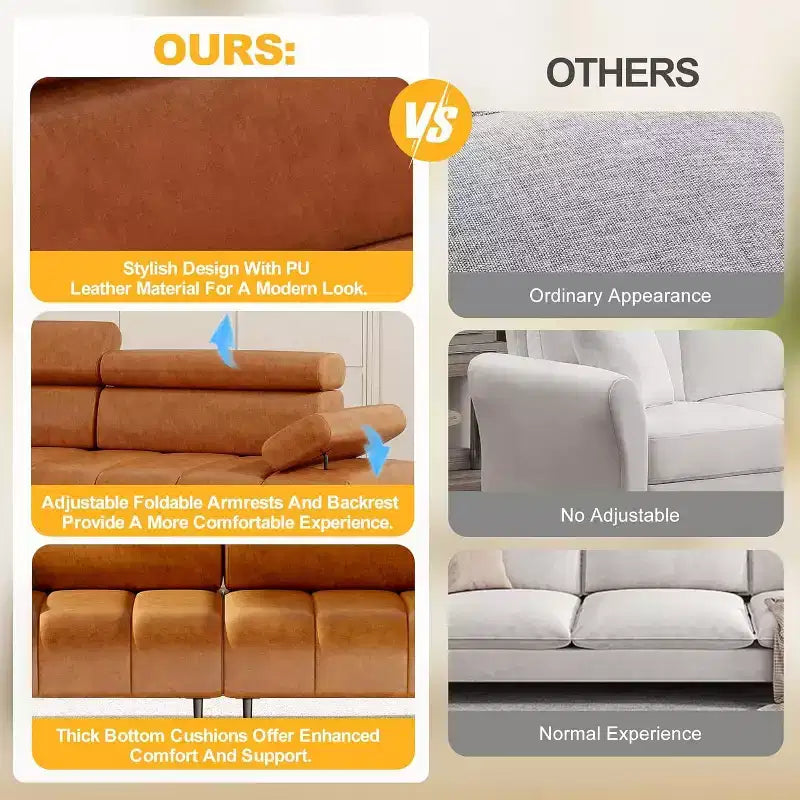 3-Seater Faux Leather Futon Sofa Bed, Convertible Sleeper Couch with Adjustable Backrests Armrests Headrests, with Split Two Separate Sectional Sofas