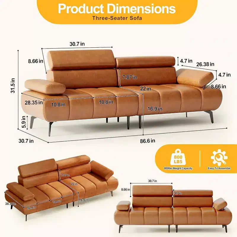 3-Seater Faux Leather Futon Sofa Bed, Convertible Sleeper Couch with Adjustable Backrests Armrests Headrests, with Split Two Separate Sectional Sofas