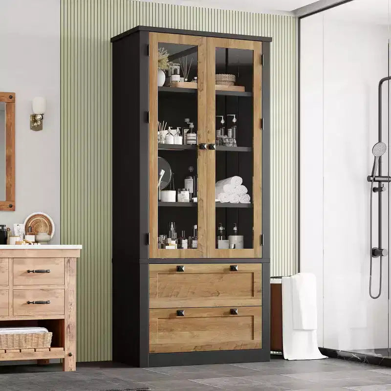 Armario de almacenamiento de despensa de cocina de 72", despensa moderna estilo casa de campo con 2 cajones grandes y estantes ajustables, alacena de cocina independiente para comedor