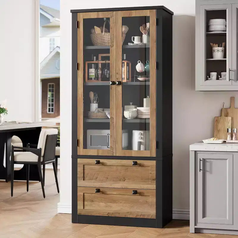 Armario de almacenamiento de despensa de cocina de 72", despensa moderna estilo casa de campo con 2 cajones grandes y estantes ajustables, alacena de cocina independiente para comedor