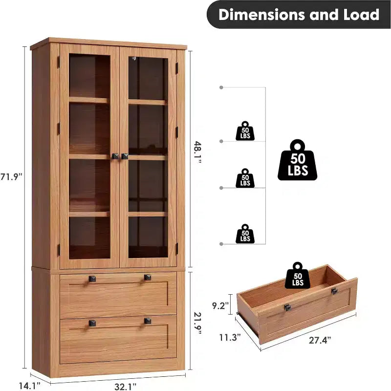 Armario de almacenamiento de despensa de cocina de 72", despensa moderna estilo casa de campo con 2 cajones grandes y estantes ajustables, alacena de cocina independiente para comedor
