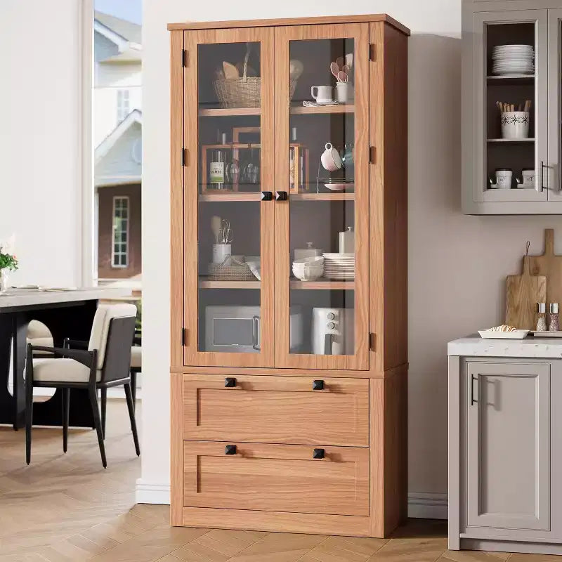 Armario de almacenamiento de despensa de cocina de 72", despensa moderna estilo casa de campo con 2 cajones grandes y estantes ajustables, alacena de cocina independiente para comedor