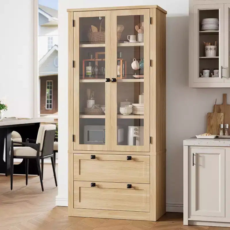Armario de almacenamiento de despensa de cocina de 72", despensa moderna estilo casa de campo con 2 cajones grandes y estantes ajustables, alacena de cocina independiente para comedor