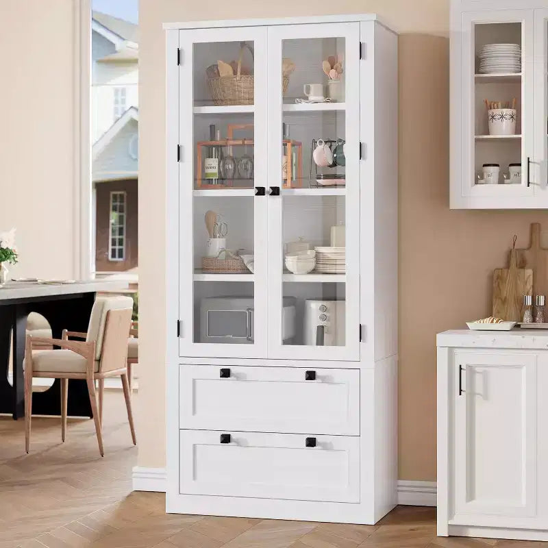 Armario de almacenamiento de despensa de cocina de 72", despensa moderna estilo casa de campo con 2 cajones grandes y estantes ajustables, alacena de cocina independiente para comedor