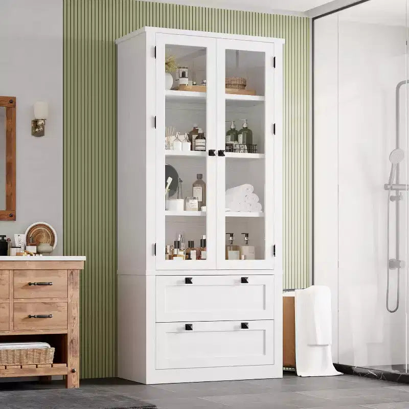 Armario de almacenamiento de despensa de cocina de 72", despensa moderna estilo casa de campo con 2 cajones grandes y estantes ajustables, alacena de cocina independiente para comedor