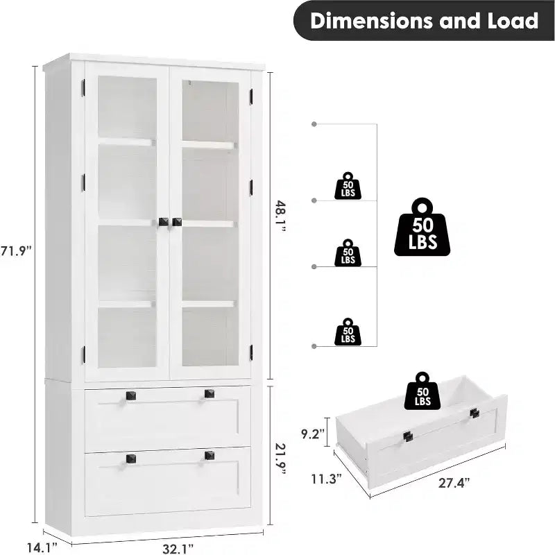 Armario de almacenamiento de despensa de cocina de 72", despensa moderna estilo casa de campo con 2 cajones grandes y estantes ajustables, alacena de cocina independiente para comedor