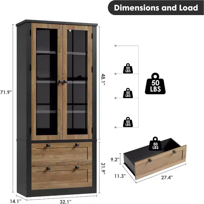 Armario de almacenamiento de despensa de cocina de 72", despensa moderna estilo casa de campo con 2 cajones grandes y estantes ajustables, alacena de cocina independiente para comedor