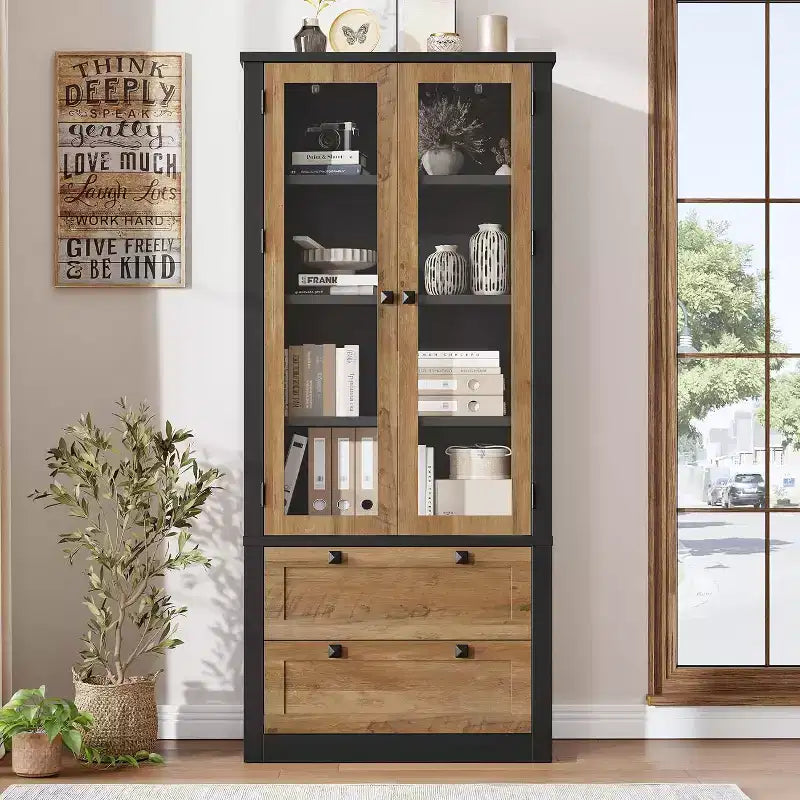 Armario de almacenamiento de despensa de cocina de 72", despensa moderna estilo casa de campo con 2 cajones grandes y estantes ajustables, alacena de cocina independiente para comedor